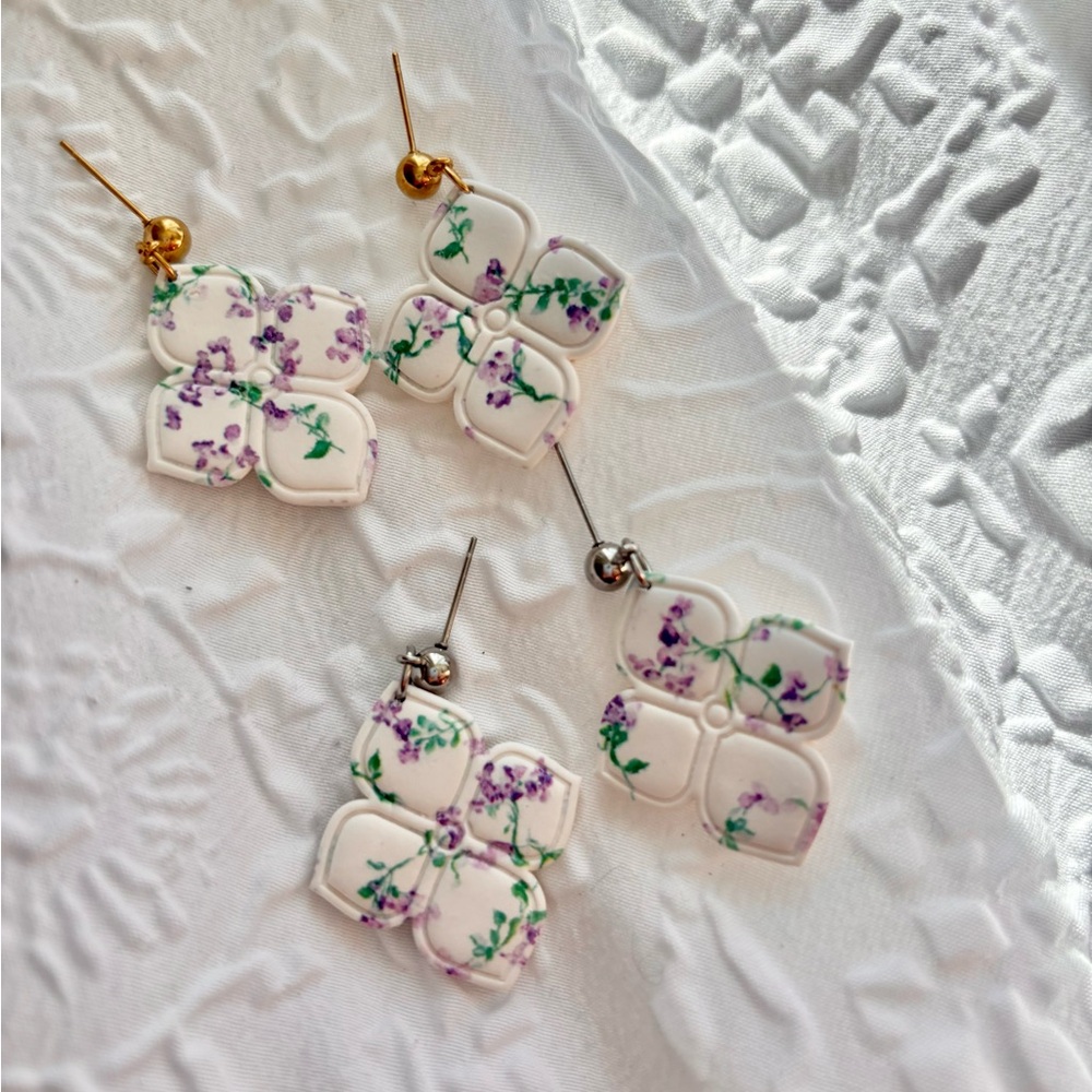 Floral White & Purple Flower Drop Earrings - Women Jewelry